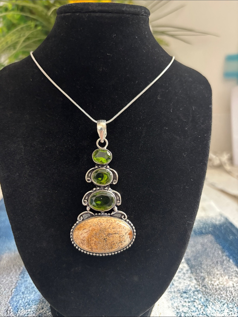 Sterling Silver Jasper Peridot Gemstone Pendant Necklace